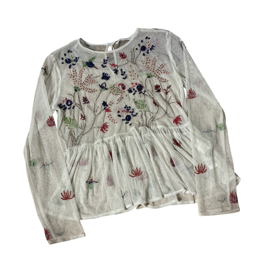 Zara Floral Embroidered Mesh Peplum Top Womens XS Ivory Sequin Sheer Boho Blouse